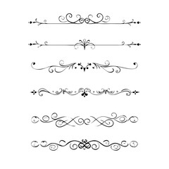Obraz premium Decorative simple divider. Text dividers retro minimal line separators, elegant doodle frame borders. Vector isolated geometric wedding card heart separator elements set. 