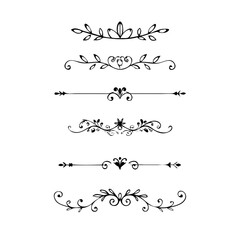 Decorative simple divider. Text dividers retro minimal line separators, elegant doodle frame borders. Vector isolated geometric wedding card heart separator elements set. 
