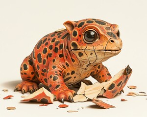 This imaginative creature features bright orange and black spots, captivating eyes, and a playful demeanor, nestled among its shell fragments.