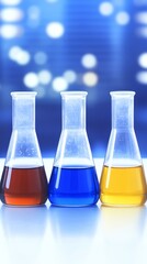 Three laboratory glass flasks containing different colored liquids, set against a blurred blue background, symbolizing scientific research and experimentation.