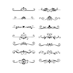 Fototapeta premium Decorative simple divider. Text dividers retro minimal line separators, elegant doodle frame borders. Vector isolated geometric wedding card heart separator elements set. 