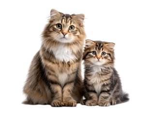 American Curl cat with long hair and her kitten sitting together, isolated on a transparent background
