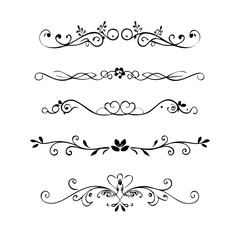 Decorative simple divider. Text dividers retro minimal line separators, elegant doodle frame borders. Vector isolated geometric wedding card heart separator elements set. 
