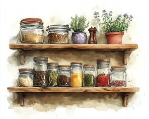 A rustic wooden shelf displaying various glass jars filled with spices and herbs, adorned with potted plants for a touch of nature's beauty.