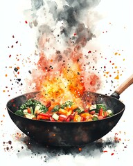 A vibrant, artistic representation of vegetables sizzling in a wok, bursting with color and flavor, capturing the essence of culinary creativity.