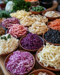 A vibrant array of colorful vegetables displayed in bowls, showcasing fresh ingredients ideal for salads and healthy meals.
