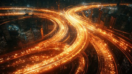 An aerial nighttime view of interwoven city highways, illuminated by the streaks of light from countless vehicles, creating a dynamic, abstract pattern against a dark cityscape backdrop