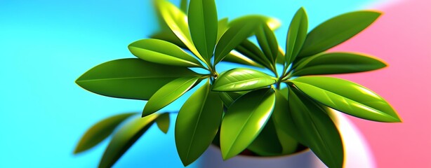 A vibrant green plant with glossy leaves, beautifully contrasting against a colorful background. Perfect for adding a touch of nature to your space.