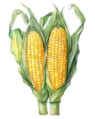 A vibrant illustration of two ears of corn, showcasing rich yellow kernels and green husks, representing fresh produce and healthy eating.