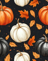 A vibrant pattern featuring colorful pumpkins and autumn leaves, capturing the essence of the harvest season and perfect for fall-themed designs.