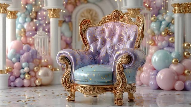 Luxury armchair surrounded by balloon decoration: Perfect for birthday party celebration scene