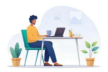 a person sitting at a desk with laptop and coffee mug, side view, modern remote work scene, minimalist style on white