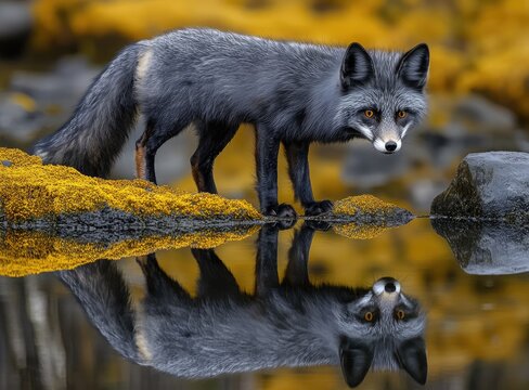 A silver fox stands alert by a reflective pool, its reflection mirroring its watchful gaze amidst autumnal foliage.