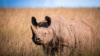 Close-up of a black rhino covered in mud standing alert in the tall savanna grass. © Ashish