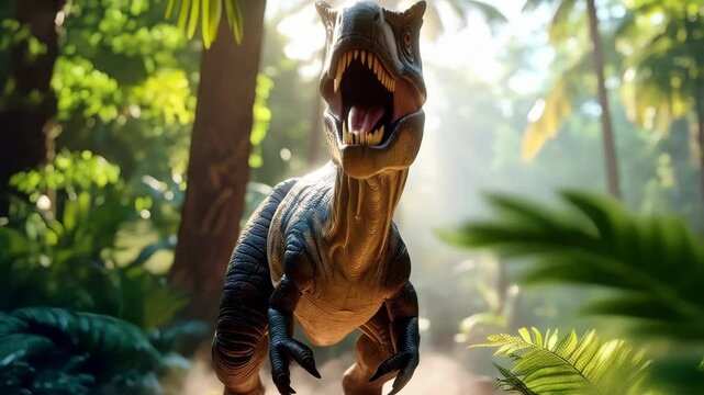 A carnivorous dinosaur walking through a prehistoric forest with dense vegetation and soft light, generating a primal and mysterious scene.