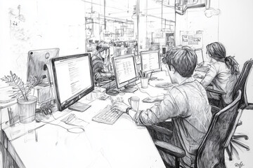 pencil sketch of startup workspace, several men and women are seen working on computers