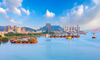 View of ships on the Pearl Bay riverbank in Nansha District, Guangzhou, China