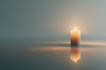 Single candle flame reflecting on still water
