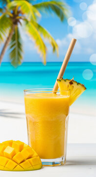 Mango pineapple smoothie in a clear glass with a bamboo stra