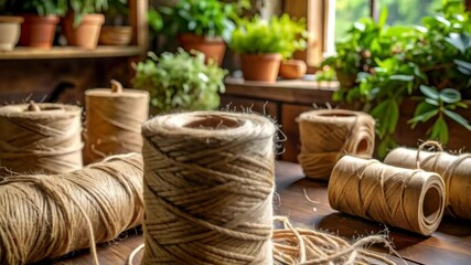 Close-up of jute rope coils and balls on wooden surface with blurred potted plants in background, artisan or craft aesthetic indoors - Powered by Adobe
