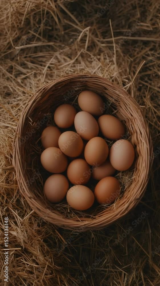Poster fresh brown eggs gently falling into wicker basket nestled on soft straw, highlighting rustic farm f