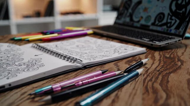 Colorful pens and pencils scattered on wooden desk with open sketchbook and laptop displaying intricate designs, suggesting a designer working on project