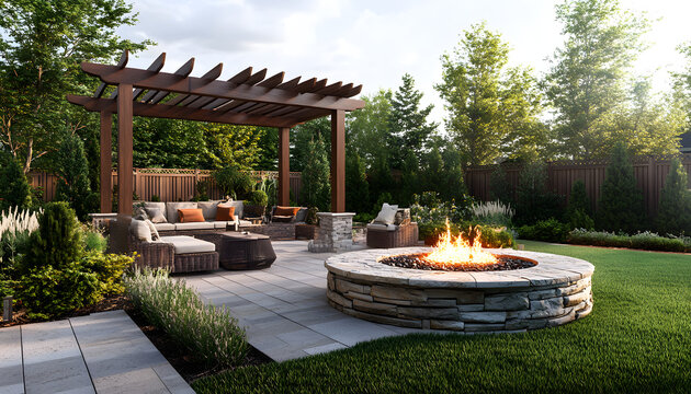 fStunning backyard hardscape featuring a stone patio, fire pit, and pergola, creating a perfect outdoor living space with natural stone accents and a cozy ambianceuu