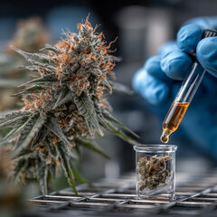 Cannabis testing lab with close up of person performing lab tests wearing blue latex gloves, Illustration