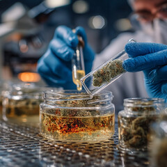 Cannabis testing lab with close up of person performing lab tests wearing blue latex gloves, Illustration