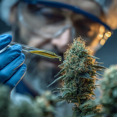 Cannabis testing lab with close up of person performing lab tests wearing blue latex gloves, Illustration