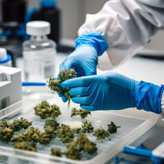 Cannabis testing lab with close up of person performing lab tests wearing blue latex gloves, Illustration