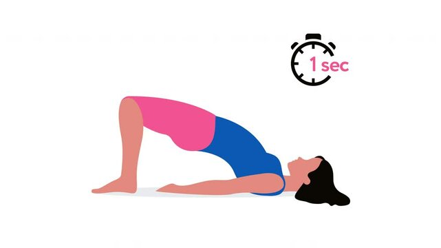 Woman performing a glute bridge exercise, commonly associated with Kegel or pelvic floor training. 5 sec countdown timer. Minimal, flat style. Ideal for fitness, workout. 4K. Alpha channel.