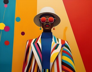 Fototapeta premium Kunstvoller Modetrend in Szene gesetzt – das Spiel aus Primärfarben und klaren Formen erzeugt einen modernen, ausdrucksstarken Stil.