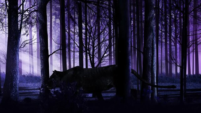Black Panther Stalking Through a Dark Forest 4K Loop features a large black panther or cat stalking through a dark purple hued forest with leaves rustling and falling in a loop.