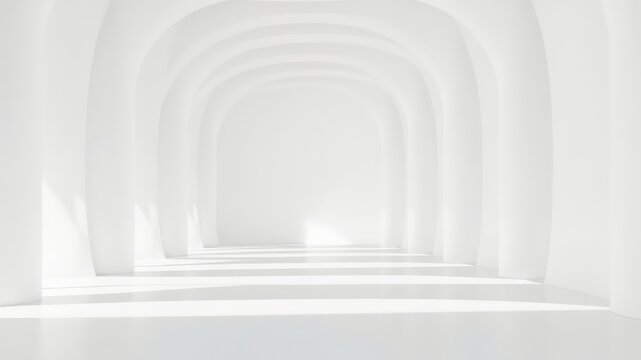 Abstract minimalistic white interior passage with repeating arches creating a calming effect