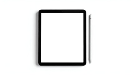 A digital tablet with a stylus beside it, shown isolated on a white background with a blank screen — ideal for app design mockups or digital illustrations.

