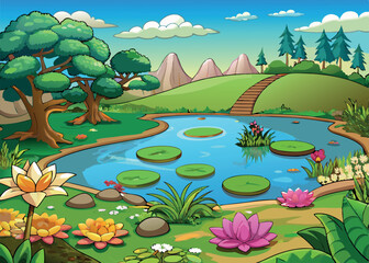 Obraz premium Serene cartoon illustration depicting a tranquil pond with lily pads and lush floral surroundings