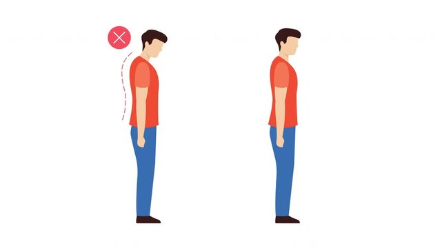 Flat illustration comparing incorrect and correct posture. The left figure shows slouched posture, the right figure demonstrates proper upright alignment. Educational visual for health or fitness. 4K