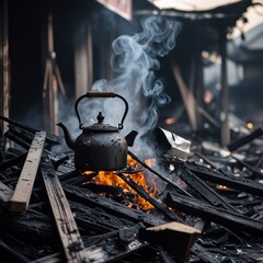 Burnt wood and twisted tin, a lifetime's worth, are tucked into a somber mood, surrounded by broken wooden beams, warped metal kettle, and scorched chai sign.