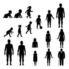 Diverse Silhouettes of Children and Adults in Various Poses and Activities
