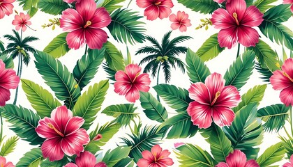 Colorful seamless floral pattern with tropical flowers and leaves, ideal for textile, wallpaper, packaging, and surface design.