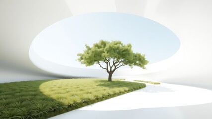 Obraz premium Solitary tree stands in a minimalist white space, illuminated by soft, diffused light streaming through an oval opening
