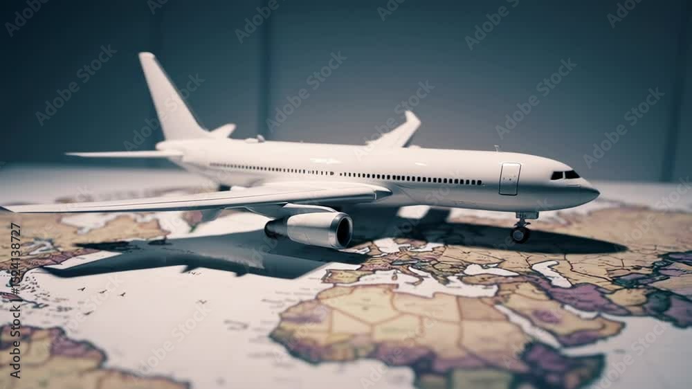 Poster six different frames showing a white airplane model standing on a world map, suggesting the concept 