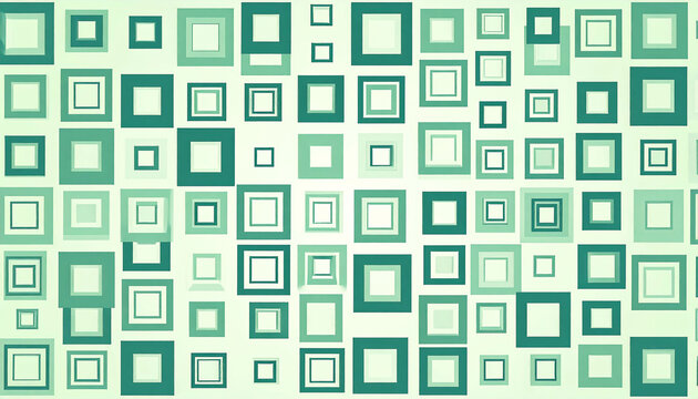 An abstract image featuring a dense array of teal and mint green squares of varying sizes, layered and overlapping on a light green gradient background