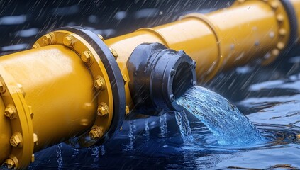 Fototapeta premium Yellow pipe discharging blue water in rain