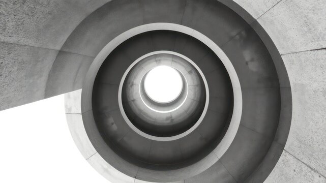 Abstract low angle view of a concrete spiral staircase with a round open light area at the top