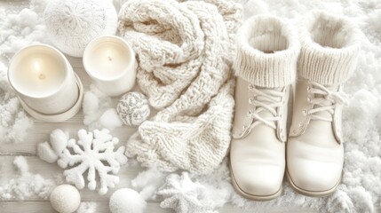 Cozy Winter Scene: A beautifully arranged display of winter essentials, including boots, candles, and a scarf, evokes the comfort and warmth of a snowy day. 