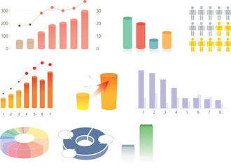 simple cartoon colored data visualization, line graph, bar graph, pie chart, scatter plot, infographic elements, minimalist flat design, vibrant pastel colors