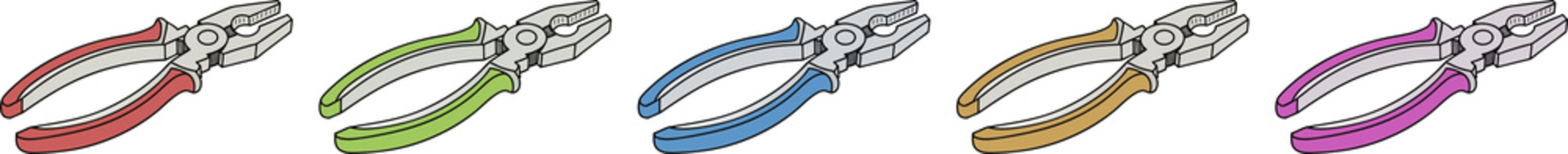 Five different colored pliers arranged side by side. Simple vector illustration, transparent background.