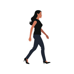 Woman walking side profile black top jeans heels